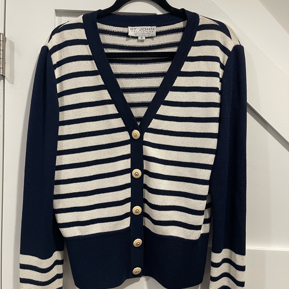 St. John Collection Navy and Cream Striped Cardigan